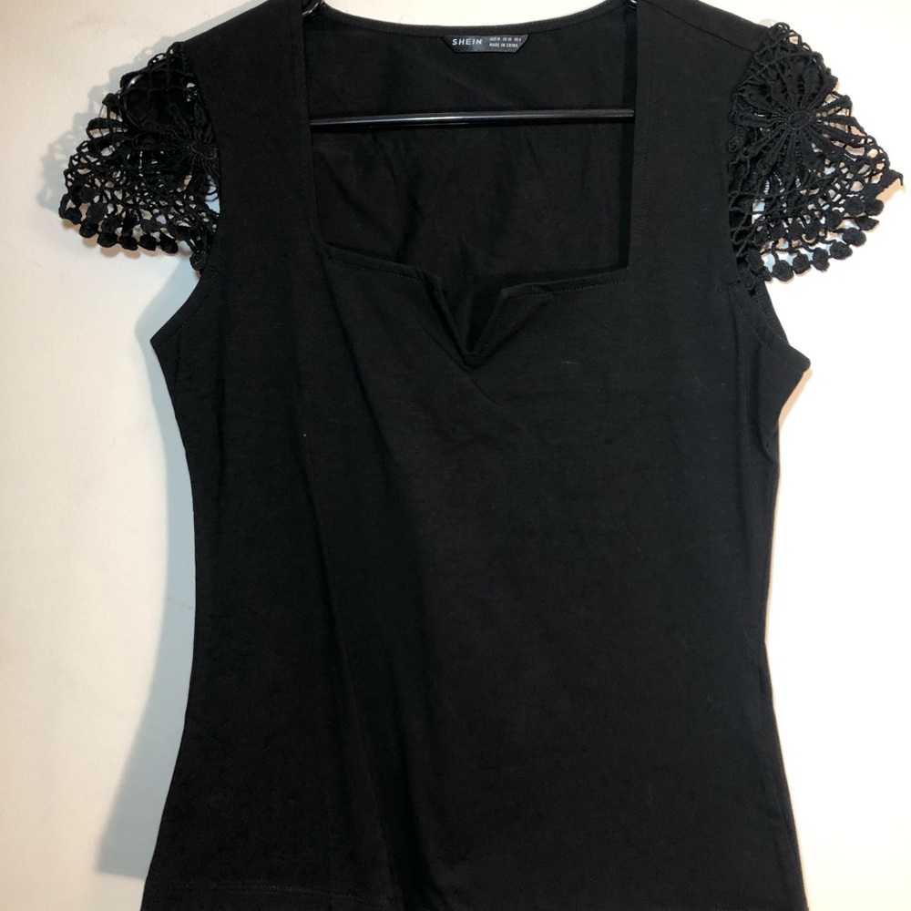 Staple Black Blouse with Linen Lace Sleeve